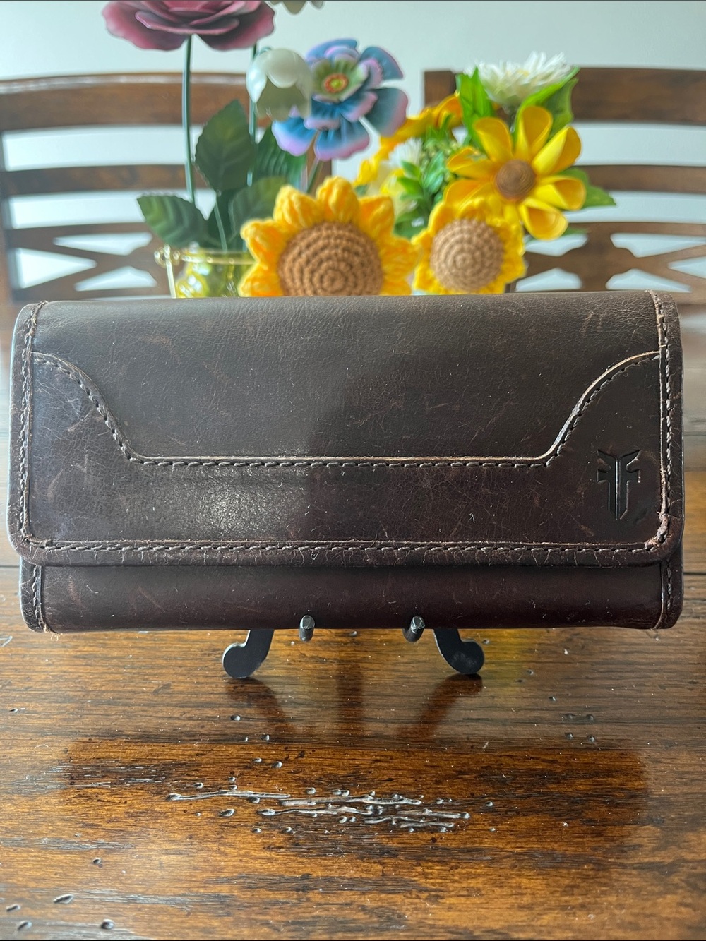 Brown Leather Trifold Wallet with Embossed Logo